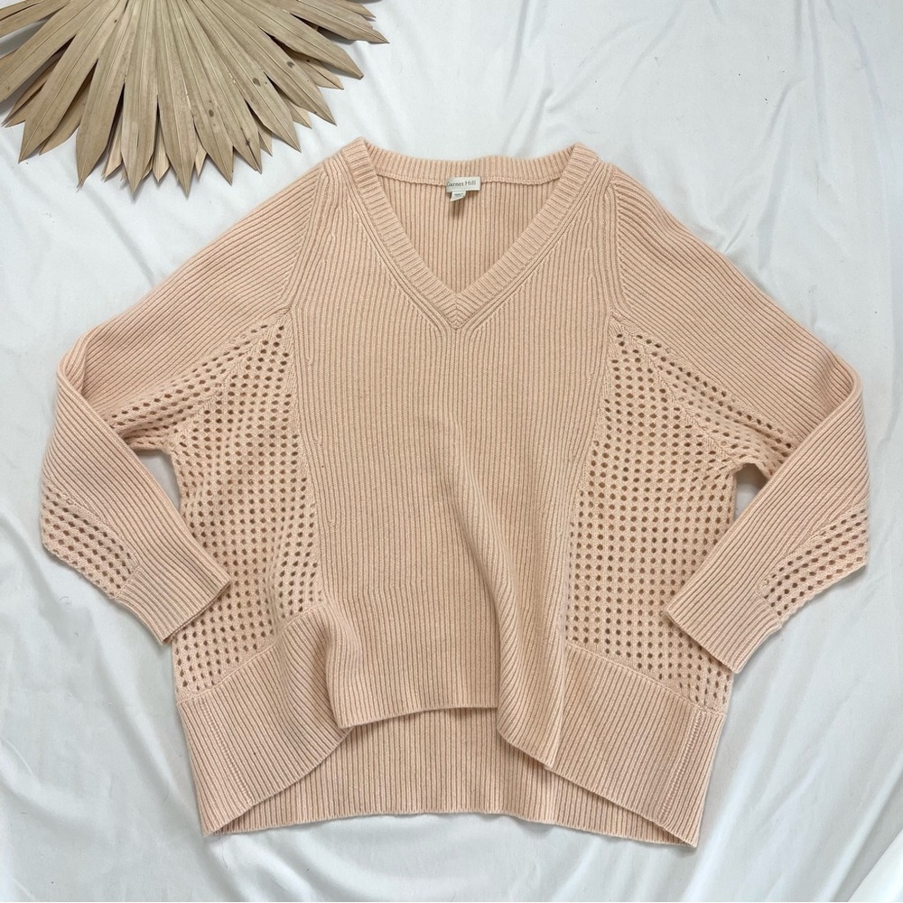 Garnet Hill 100% Cashmere Mesh Rib Knit V-Neck Soft Light Pink Sweater Small